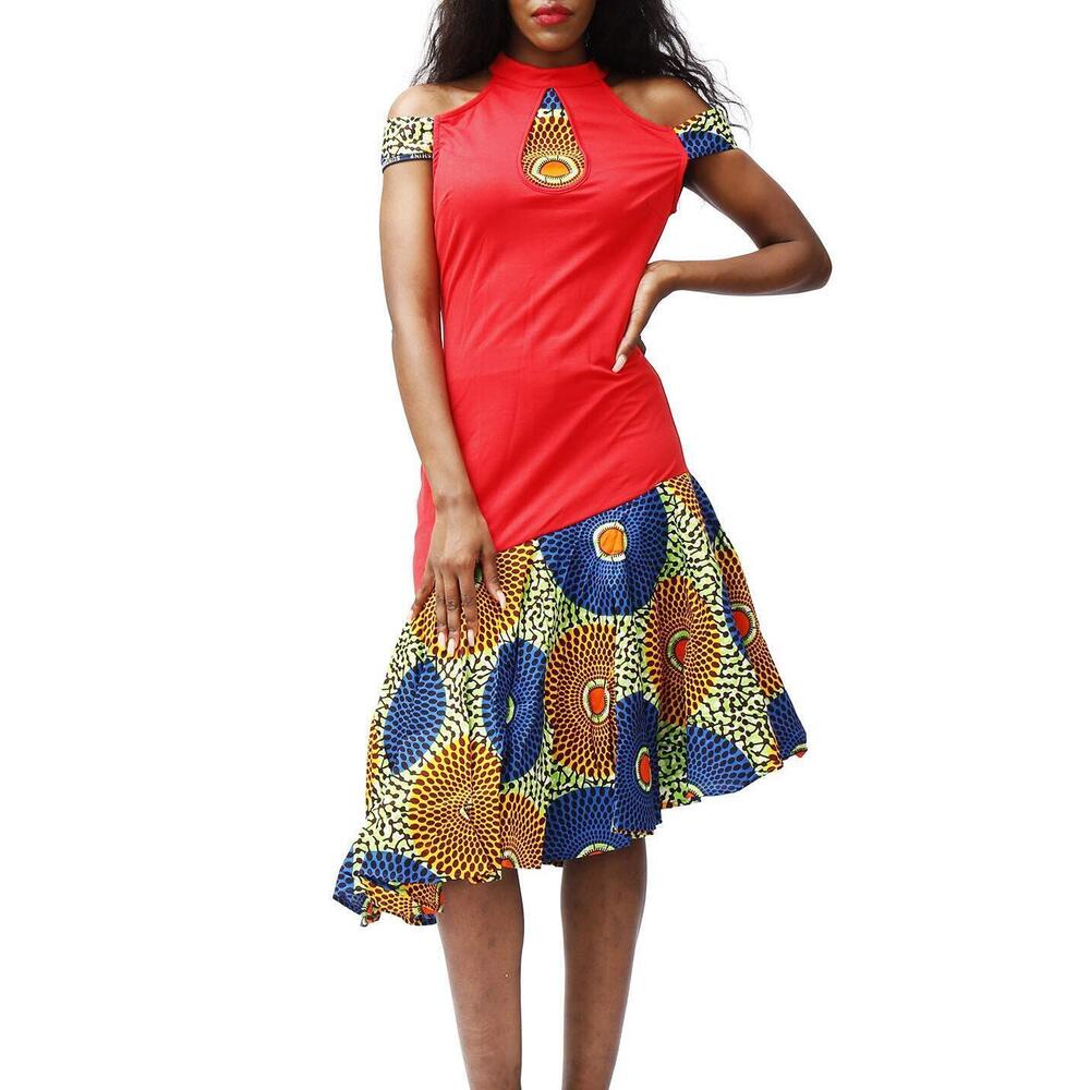 2306 African Cold Shoulder Dress Ankara Evening Party Midi Dress Small